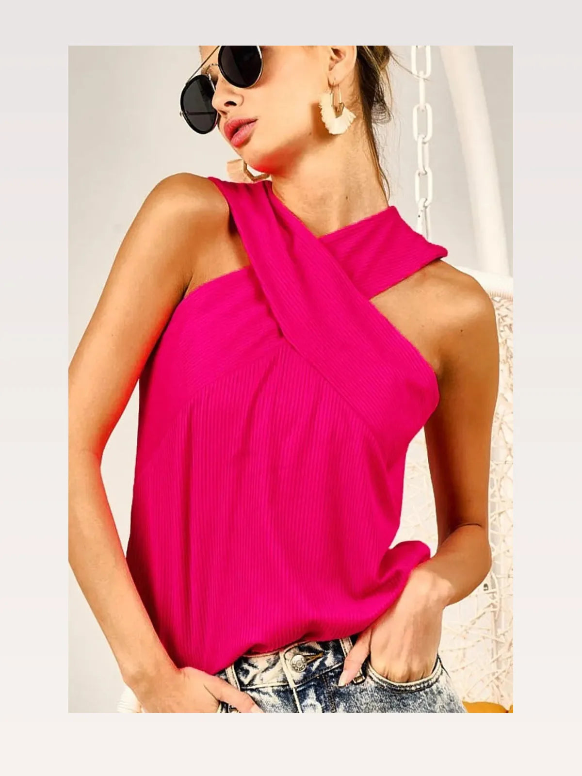 Stylish Rib Knit Cross Neck Top with Banded Hem — styled showcase — Livostyle