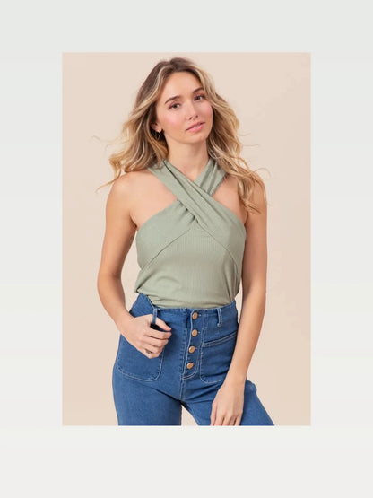 Chic Ribbed Cross Neck Top with Banded Hem — styled showcase — Livostyle
