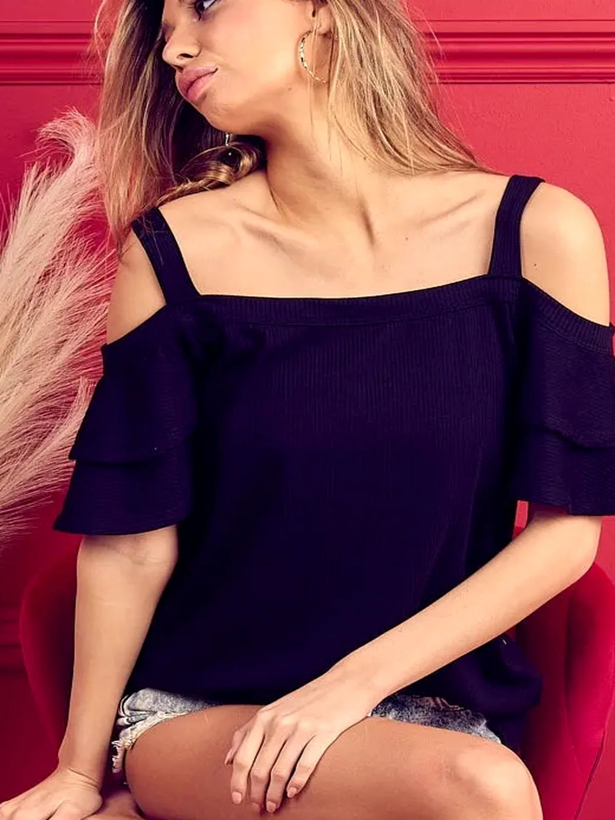 Stylish Off-Shoulder Rib Knit Top with Ruffled Sleeves & Ele — detail view — Livostyle