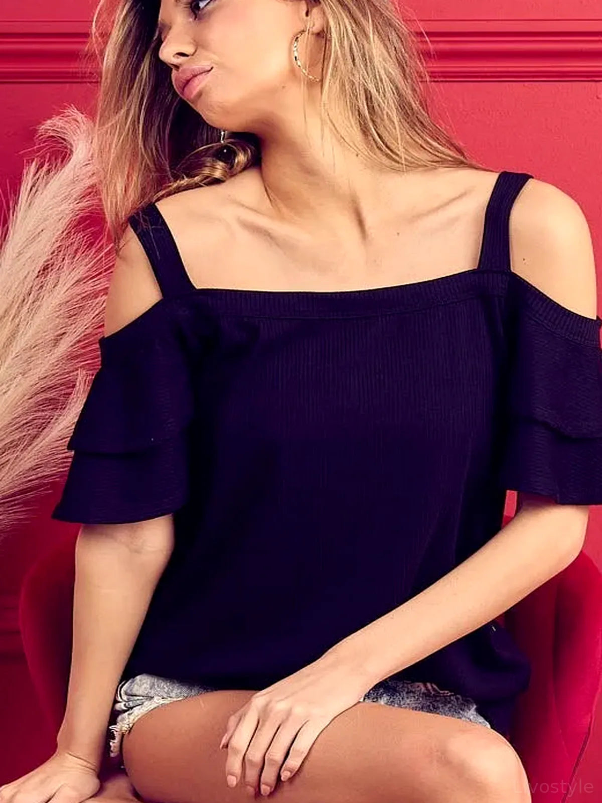 Stylish Off-Shoulder Rib Knit Top with Ruffled Sleeves & Ele — detail view — Livostyle