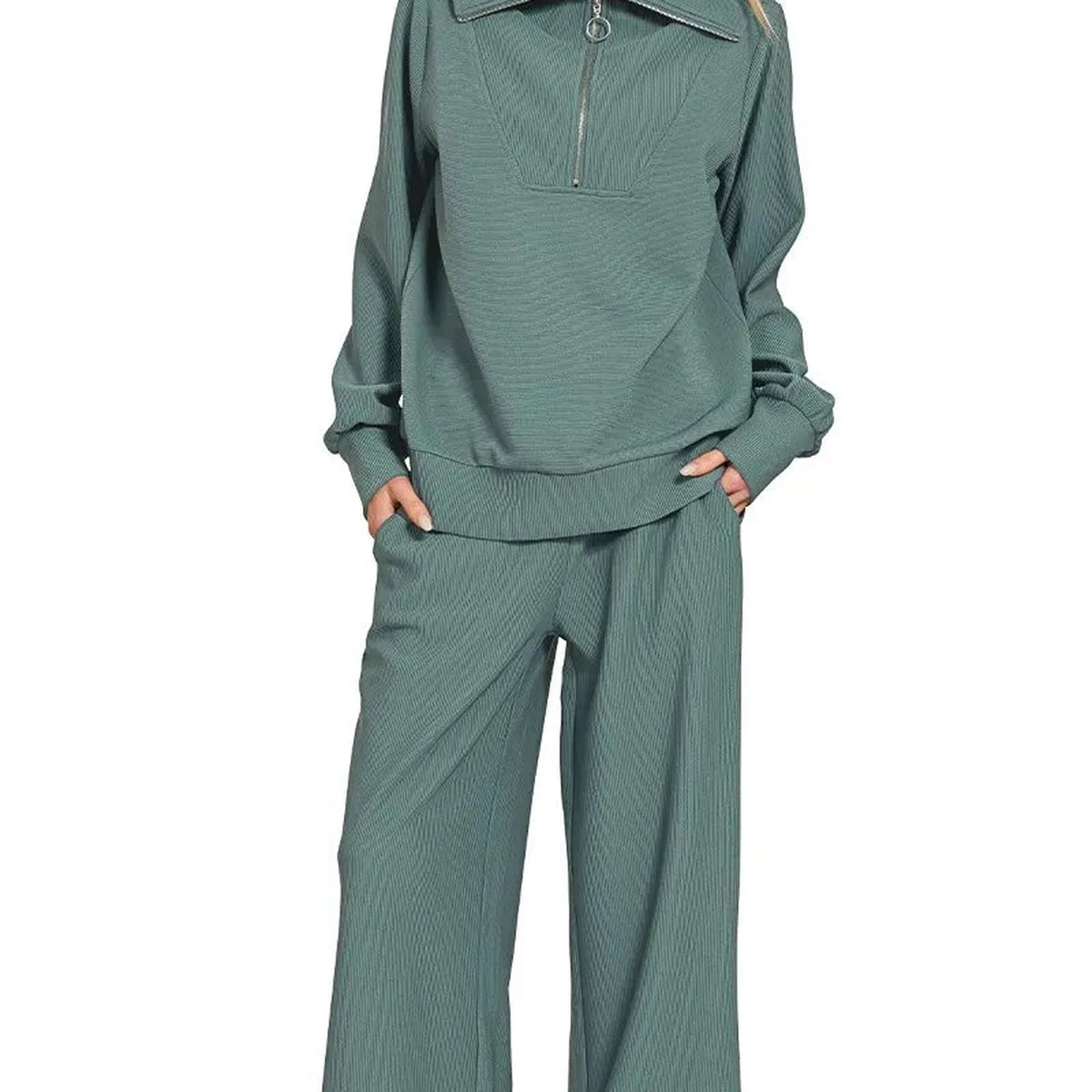 Ribbed High Neck Half Zip Pullover & Pants Set — square view — Livostyle