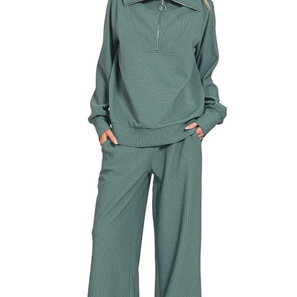 Ribbed High Neck Half Zip Pullover & Pants Set — square view — Livostyle