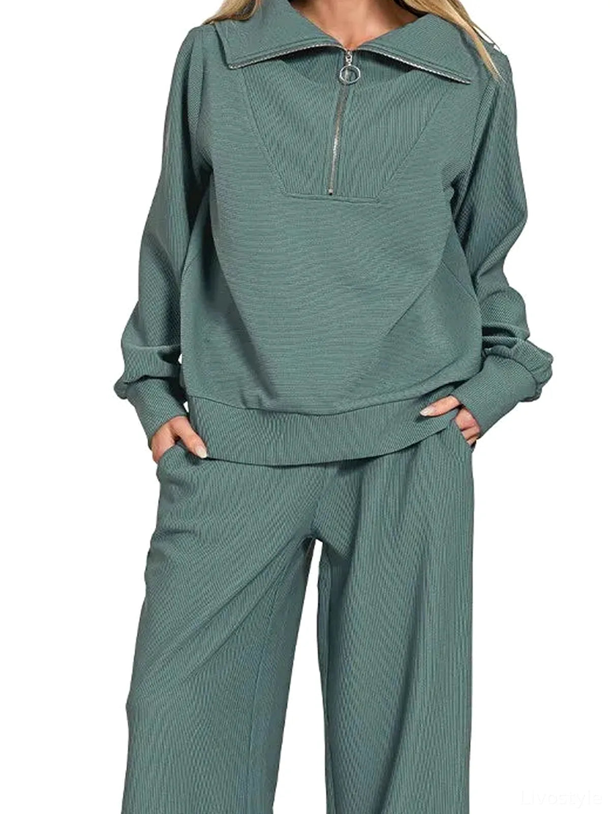 Ribbed High Neck Half Zip Pullover & Pants Set — detail view — Livostyle