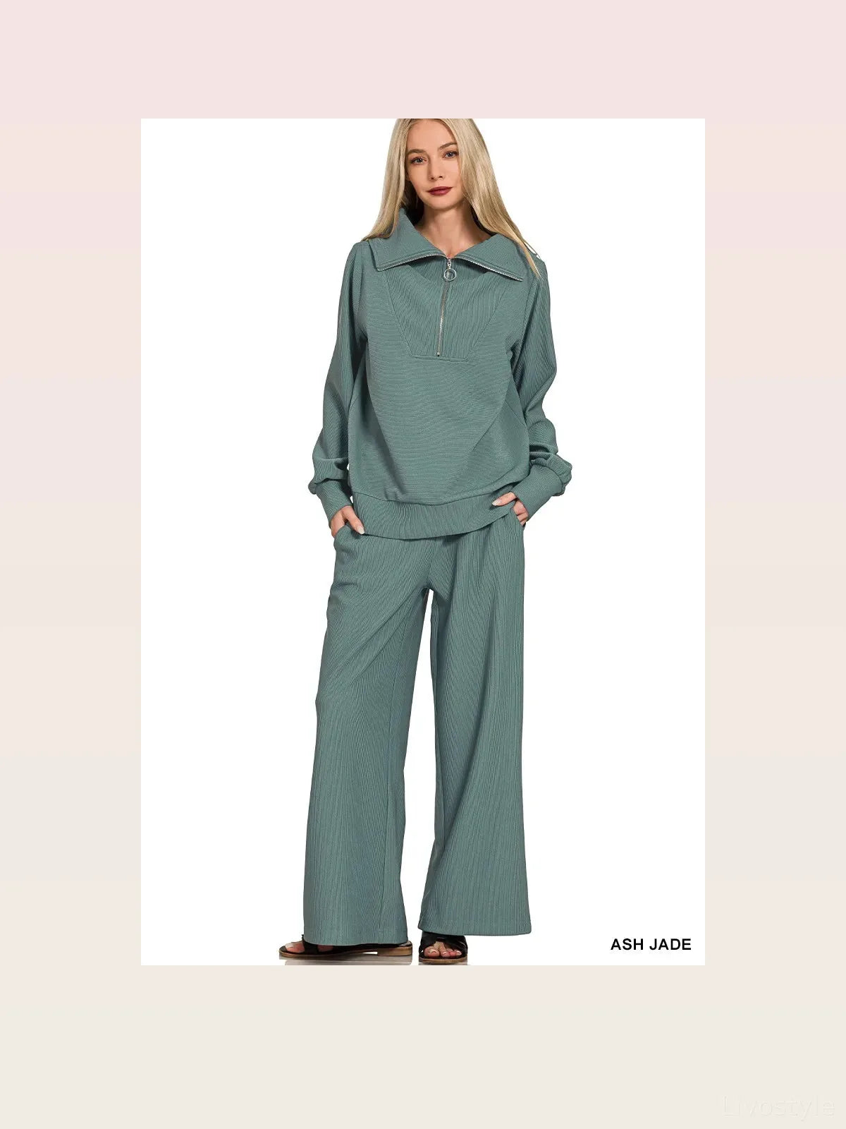Ribbed High Neck Half Zip Pullover & Pants Set — styled showcase — Livostyle