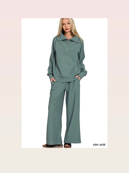Ribbed High Neck Half Zip Pullover & Pants Set — styled showcase — Livostyle