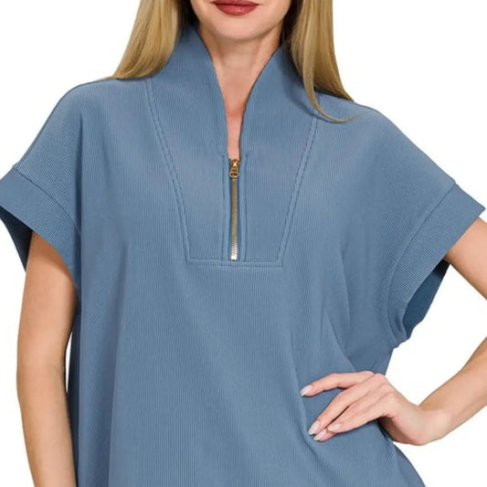 Ribbed High Neck Half Zip Top — square view — Livostyle