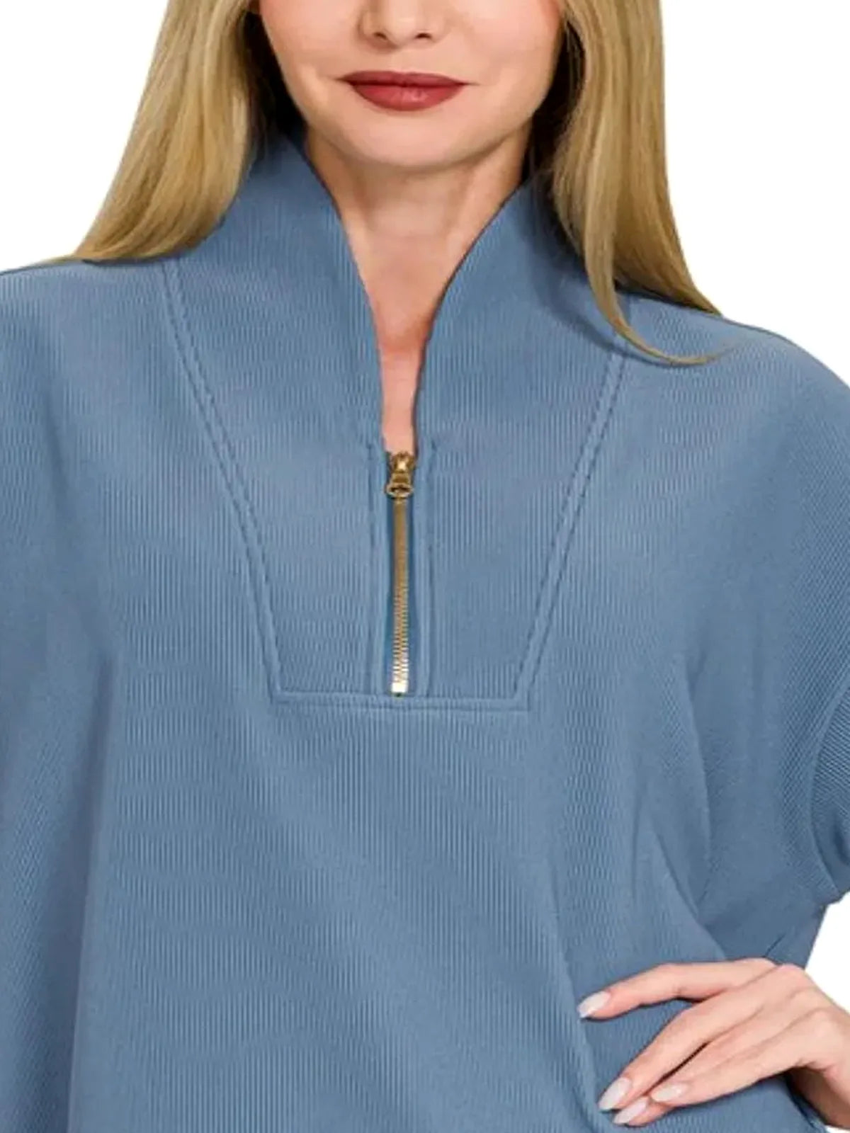 Ribbed High Neck Half Zip Top — detail view — Livostyle