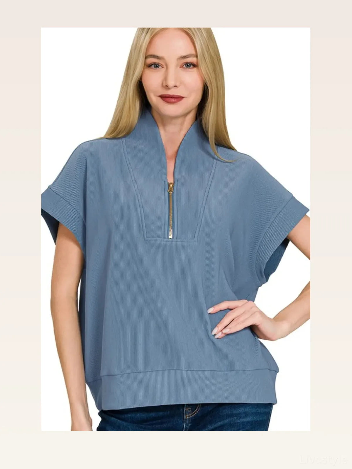 Ribbed High Neck Half Zip Top — styled showcase — Livostyle
