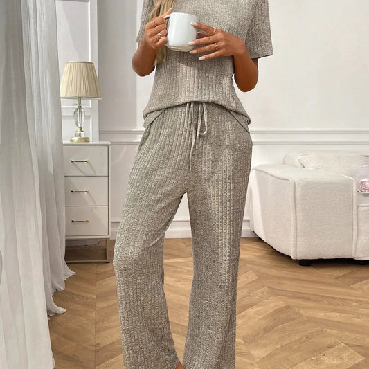 Ribbed Knit Short Sleeve Top and Pants Lounge Set — square view — Livostyle