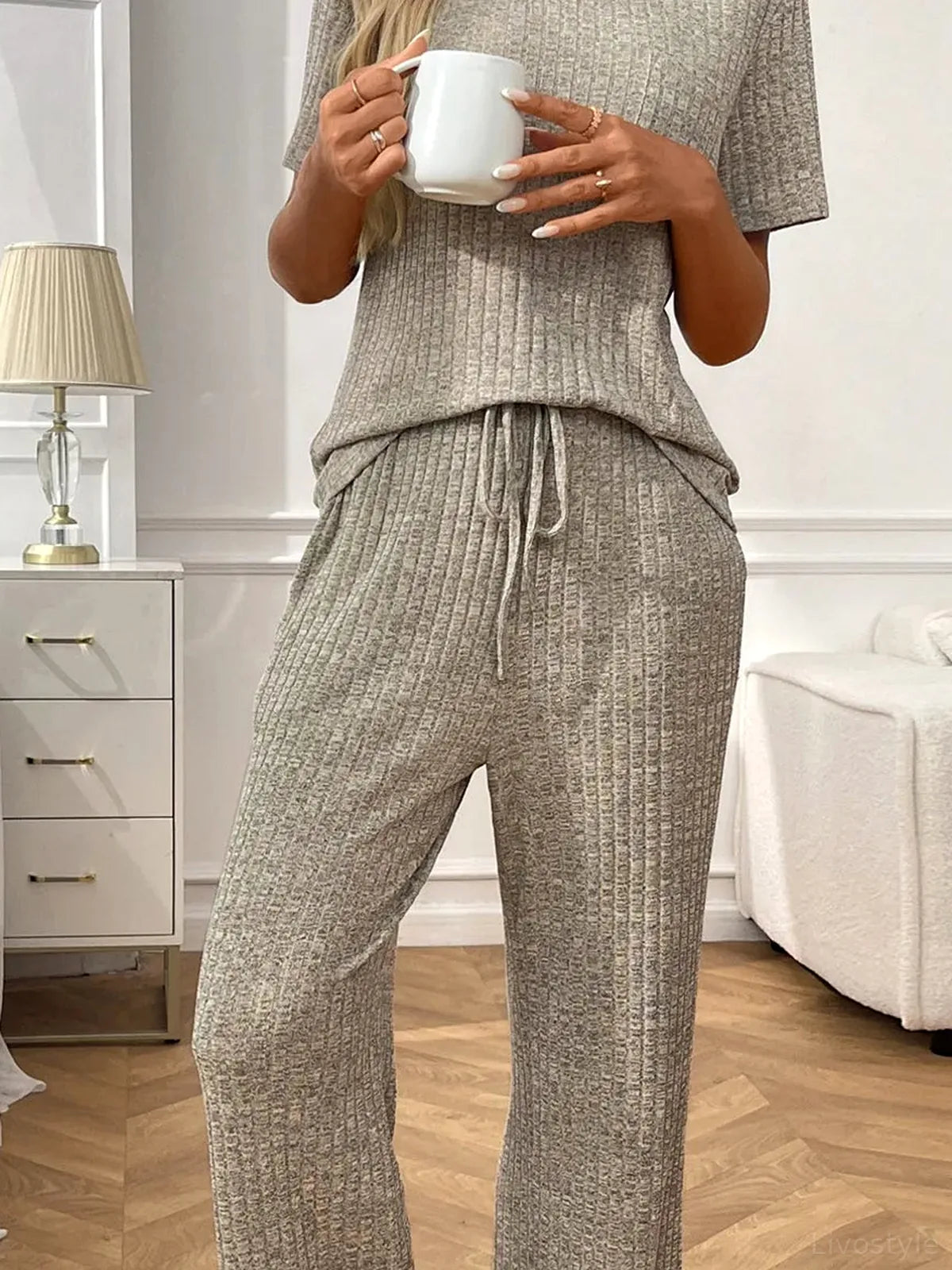 Ribbed Knit Short Sleeve Top and Pants Lounge Set — detail view — Livostyle