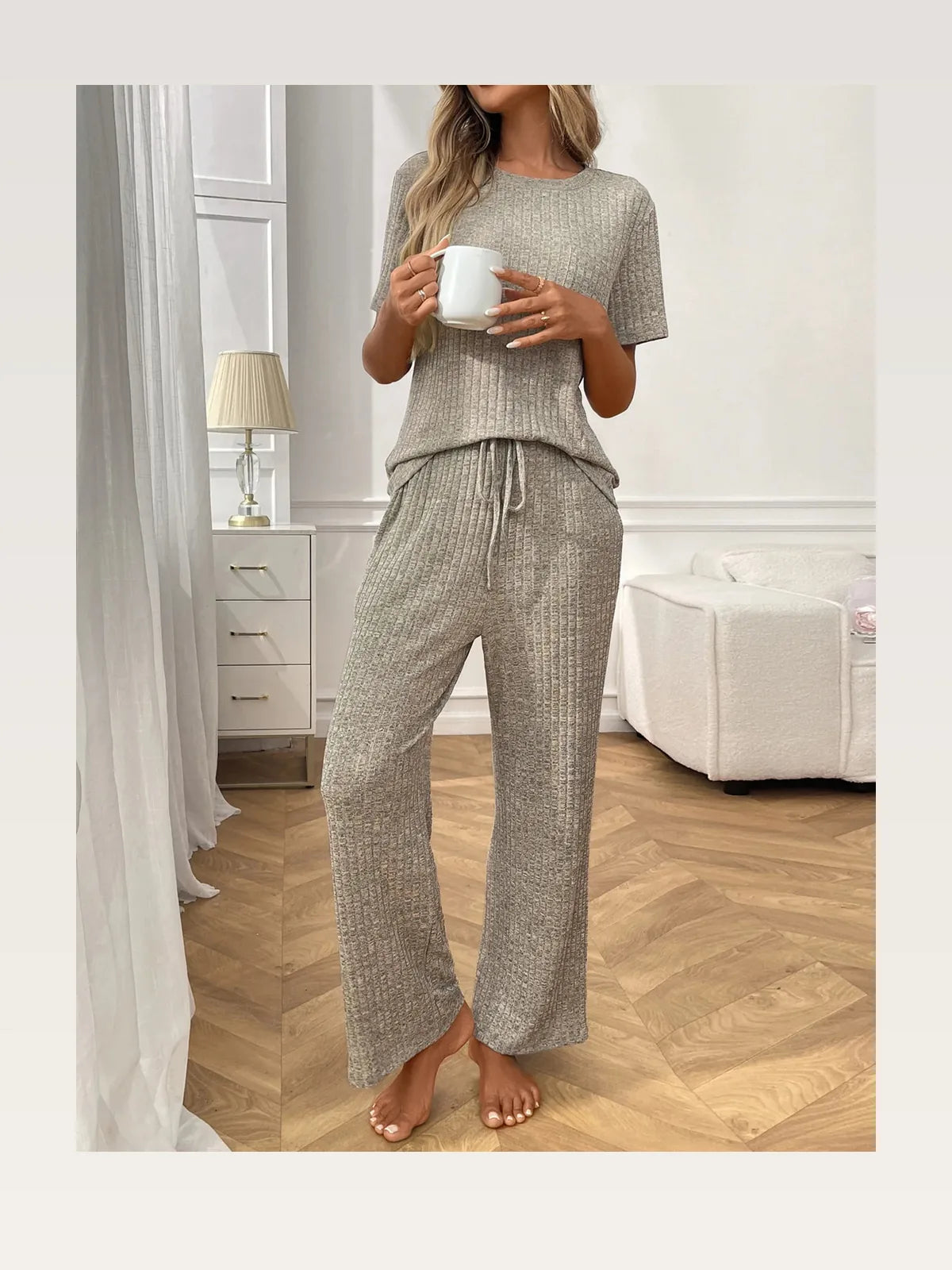 Ribbed Knit Short Sleeve Top and Pants Lounge Set — styled showcase — Livostyle