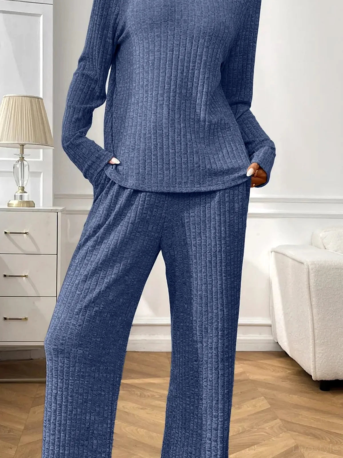 Ribbed Long Sleeve Top and Pants Lounge Set — detail view — Livostyle
