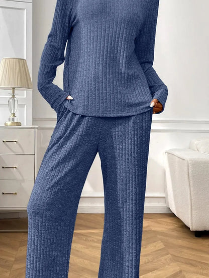 Ribbed Long Sleeve Top and Pants Lounge Set — detail view — Livostyle