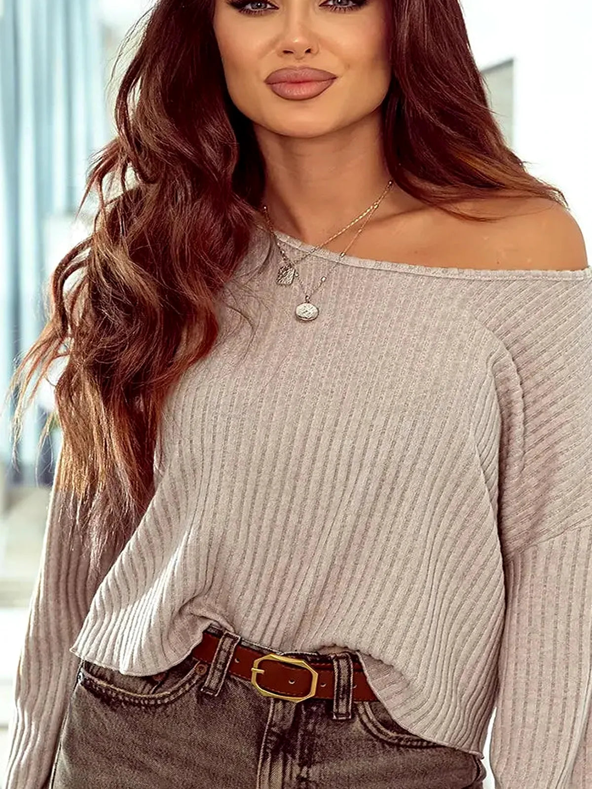 Ribbed Round Neck Drop Shoulder Long Sleeve Top — detail view — Livostyle