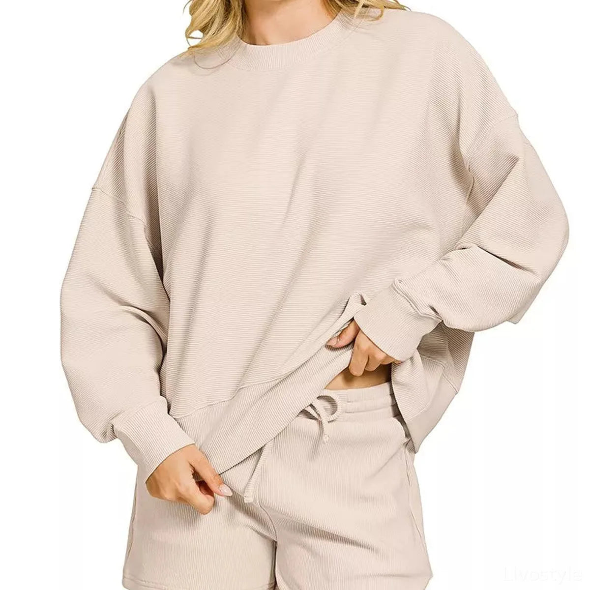 Ribbed Round Neck Pullover and Shorts Set in Sand Beige — square view — Livostyle