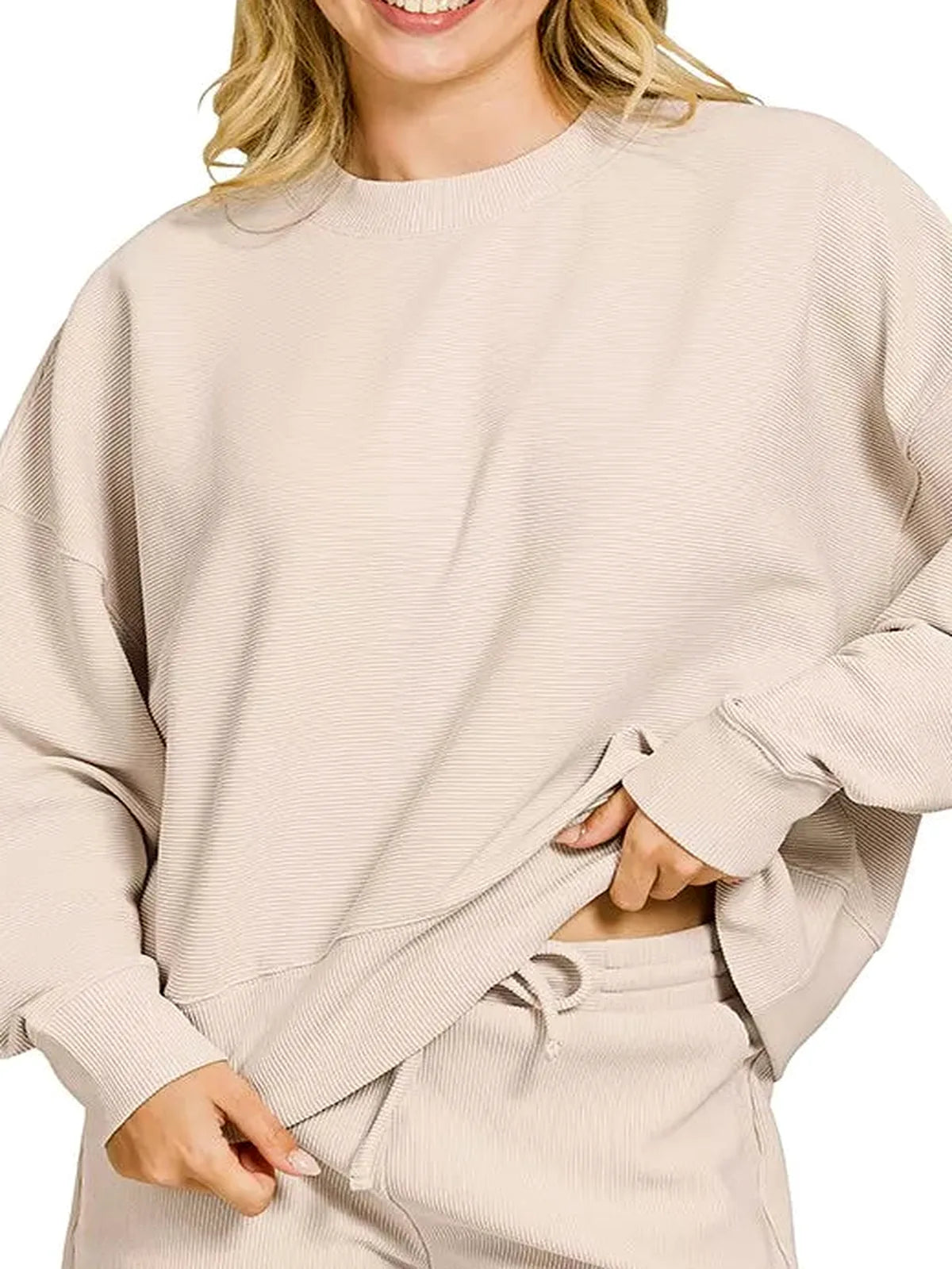 Ribbed Round Neck Pullover and Shorts Set in Sand Beige — detail view — Livostyle