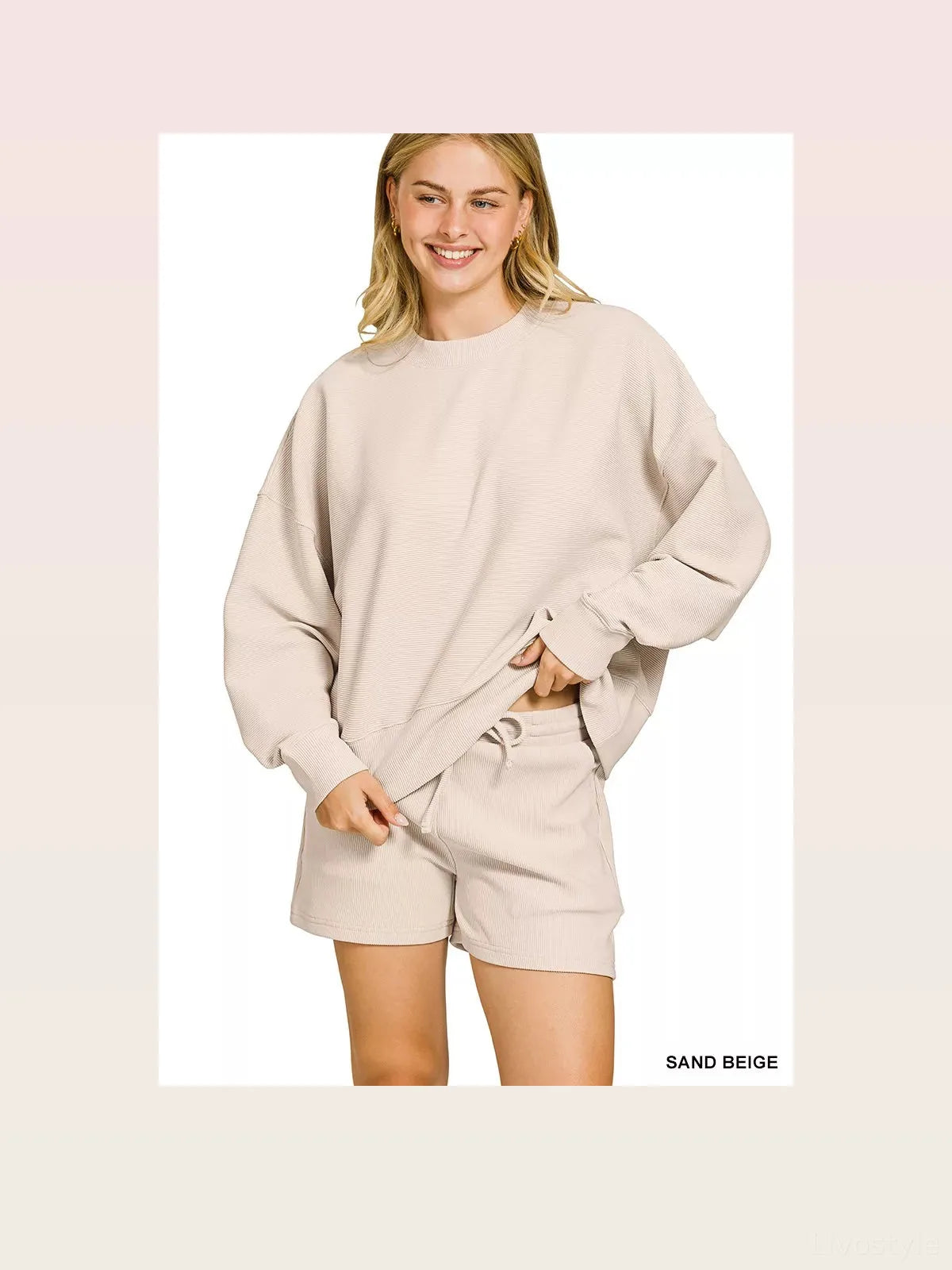 Ribbed Round Neck Pullover and Shorts Set in Sand Beige — styled showcase — Livostyle