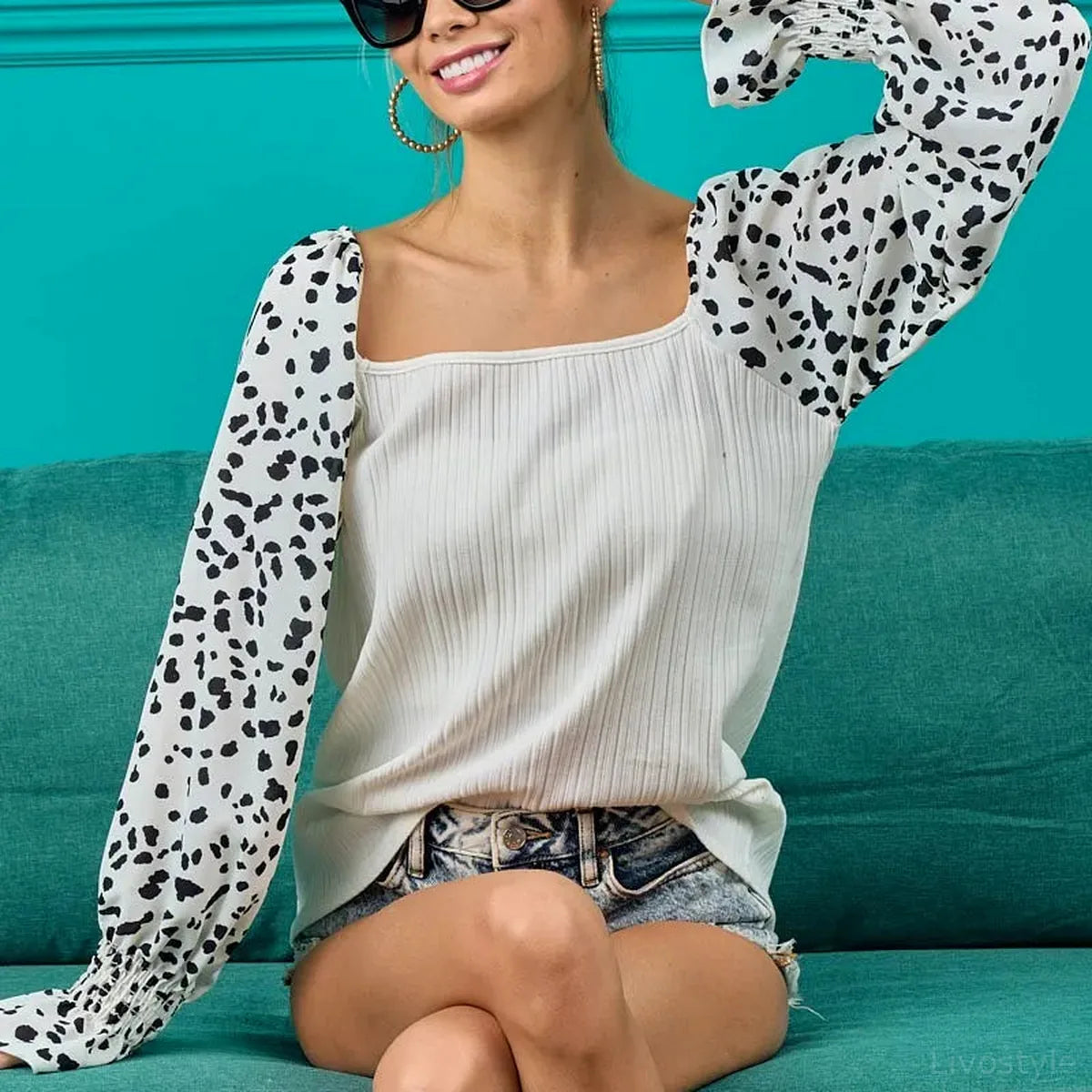 Chic Leopard-Sleeved Ribbed Top in Premium Cotton Blend — square view — Livostyle