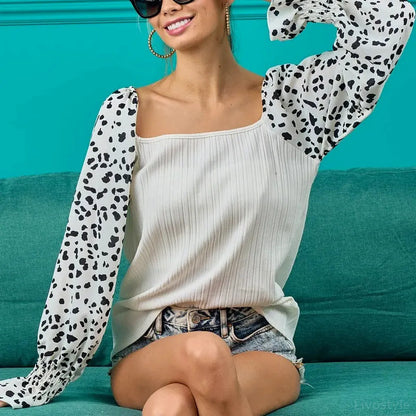 Chic Leopard-Sleeved Ribbed Top in Premium Cotton Blend — square view — Livostyle