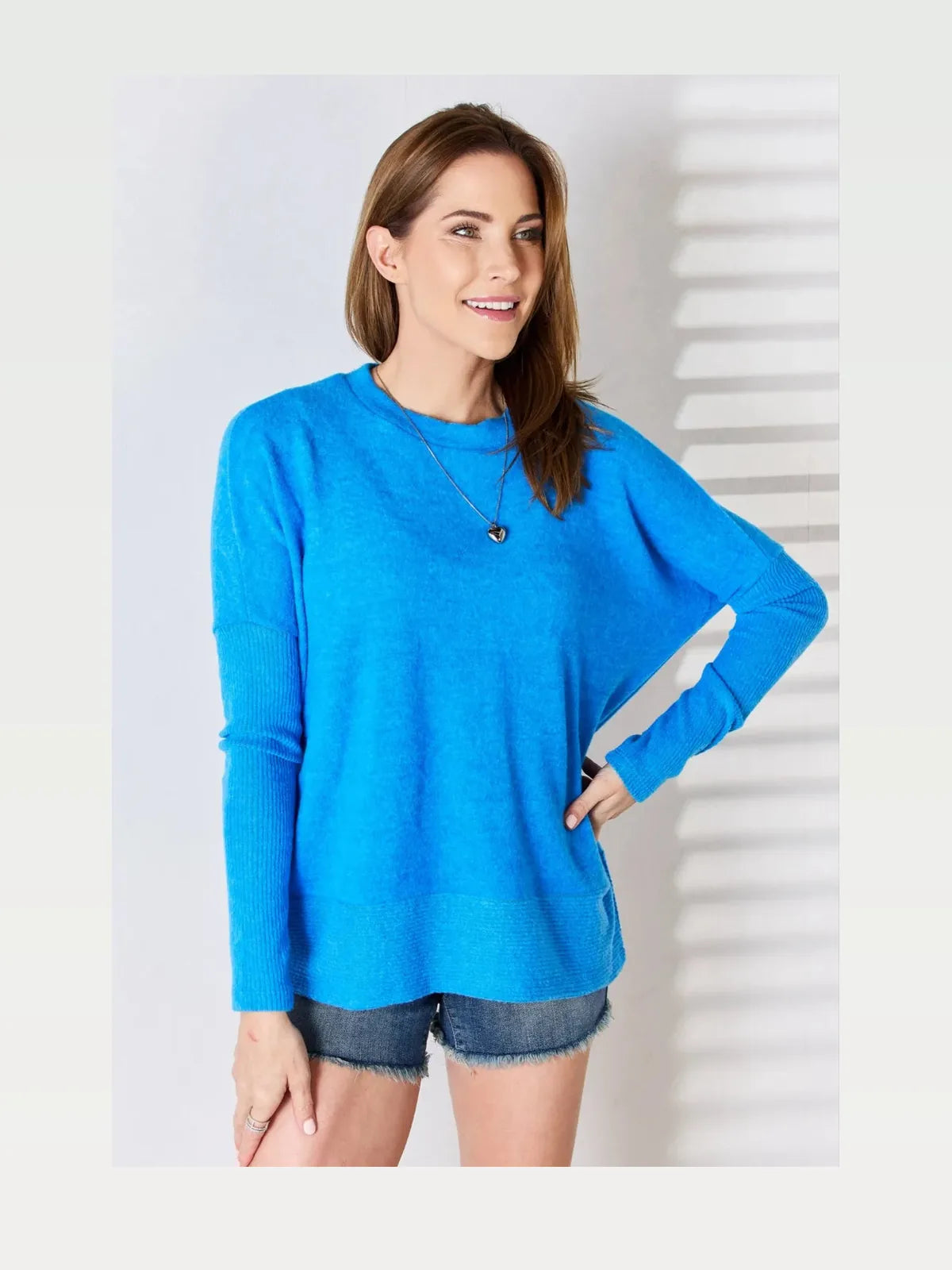 Ribbed Trim Round Neck Long Sleeve Top — styled showcase — Livostyle