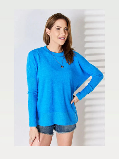 Ribbed Trim Round Neck Long Sleeve Top — styled showcase — Livostyle