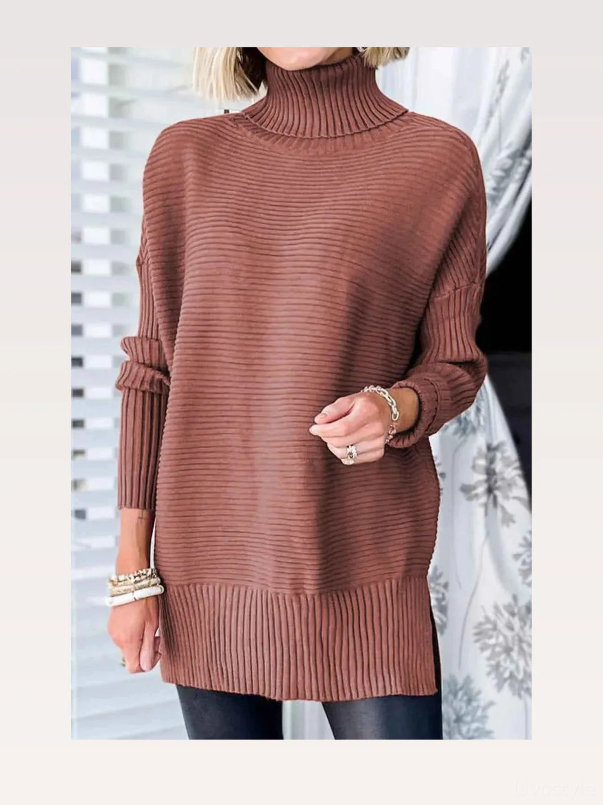 Ribbed Turtleneck Dropped Shoulder Pullover Sweater — styled showcase — Livostyle