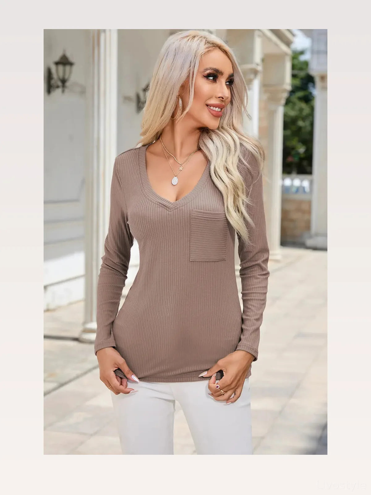 Ribbed V-Neck Long Sleeve Blouse with Pocket — styled showcase — Livostyle
