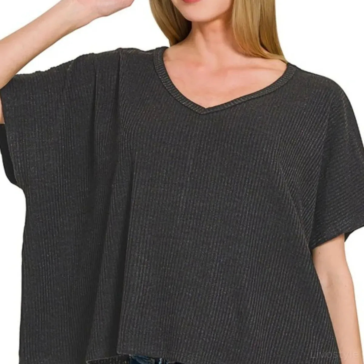 Ribbed V-Neck Short-Sleeve Knit Top in Black — square view — Livostyle