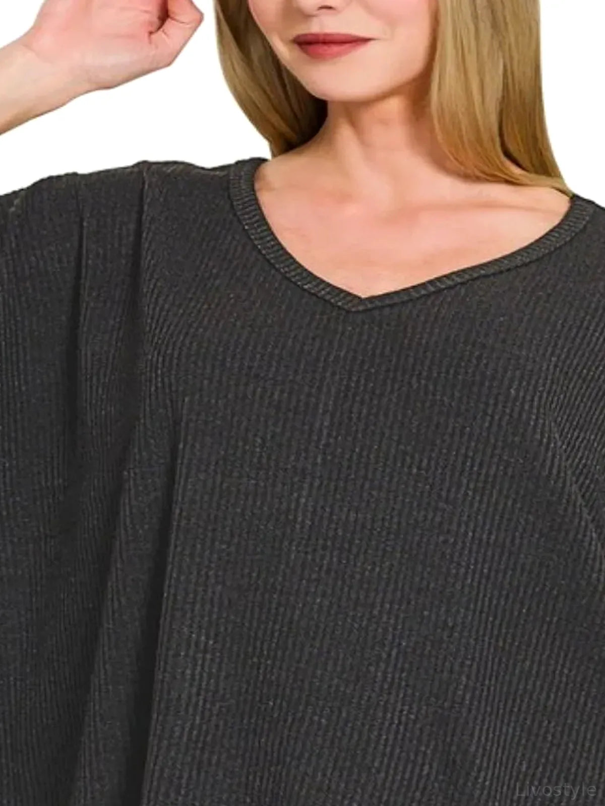 Ribbed V-Neck Short-Sleeve Knit Top in Black — detail view — Livostyle