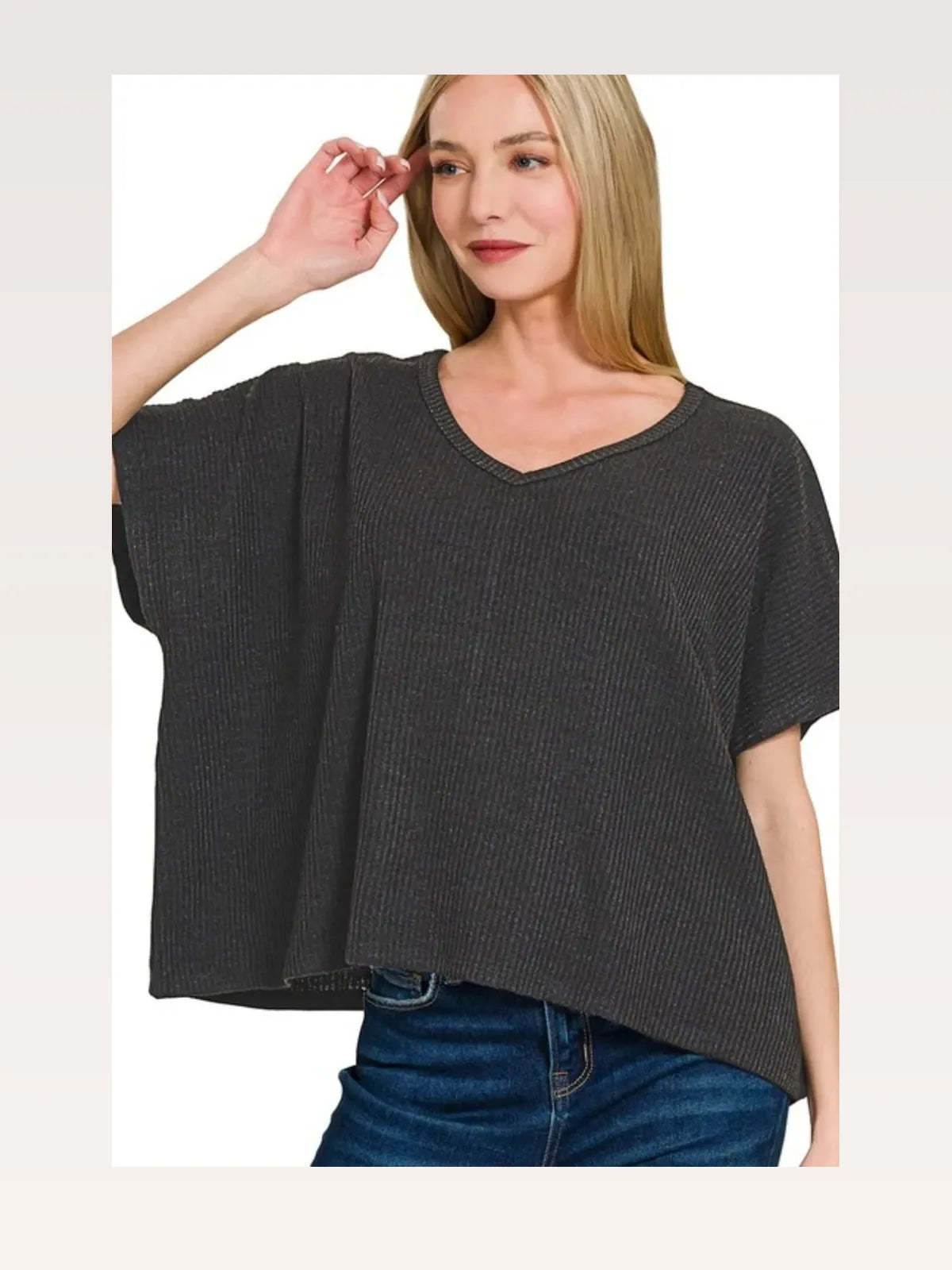 Ribbed V-Neck Short-Sleeve Knit Top in Black — styled showcase — Livostyle