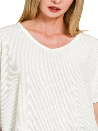 Ribbed V-Neck Short-Sleeve Knit Top in Off White — detail view — Livostyle