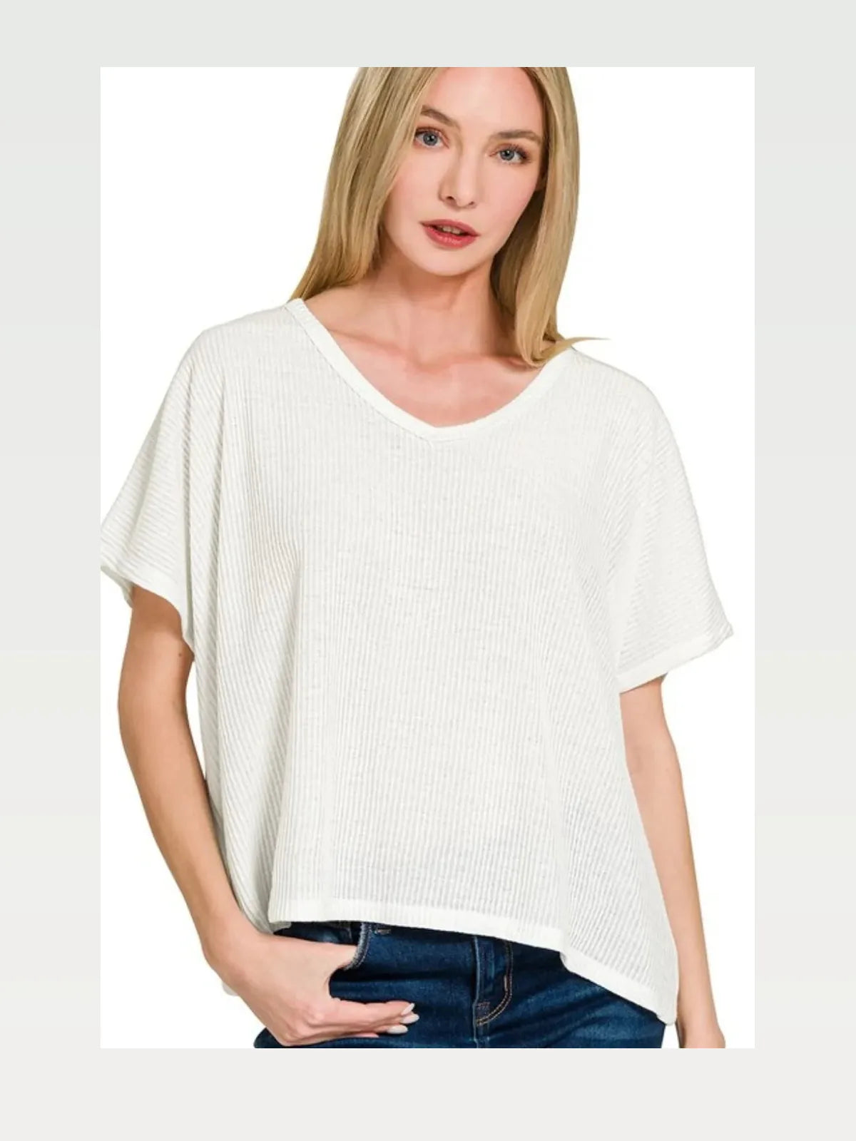 Ribbed V-Neck Short-Sleeve Knit Top in Off White — styled showcase — Livostyle