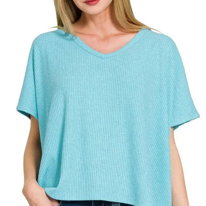 Ribbed V-Neck Short-Sleeve Knit Top — square view — Livostyle