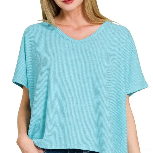Ribbed V-Neck Short-Sleeve Knit Top — square view — Livostyle