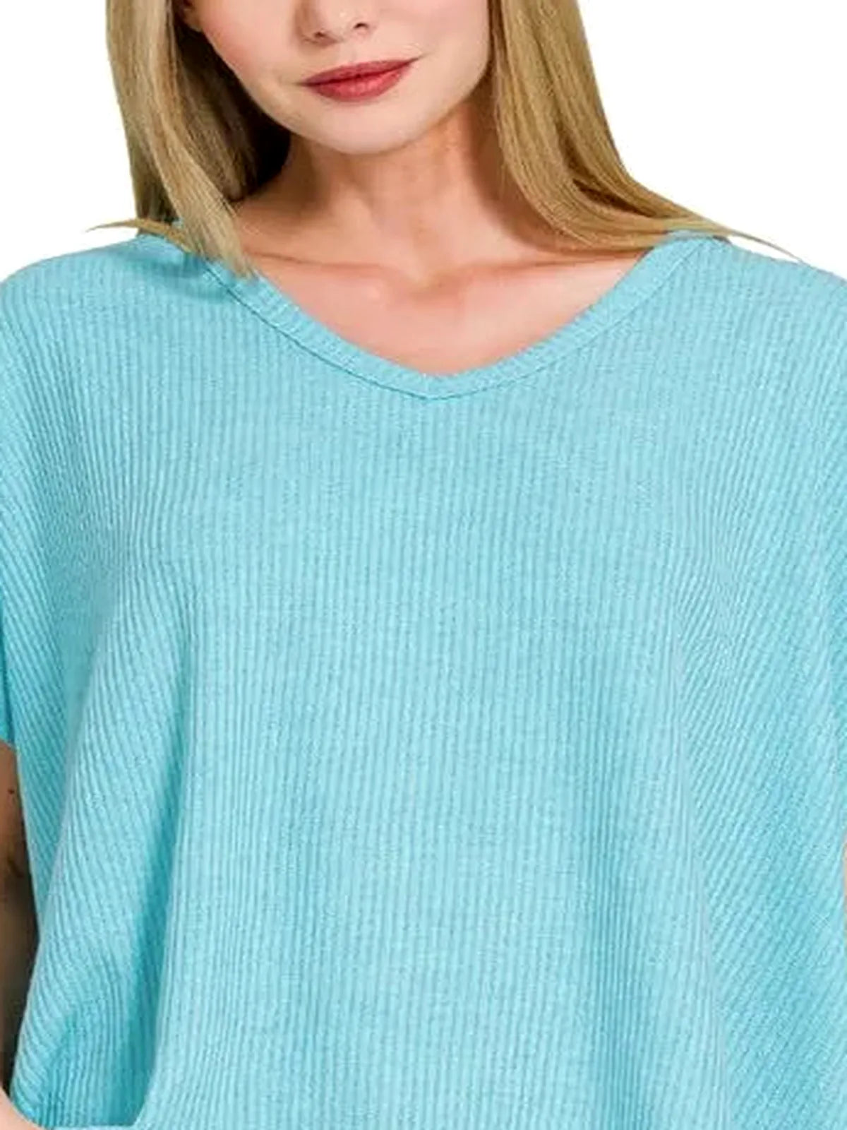 Ribbed V-Neck Short-Sleeve Knit Top — detail view — Livostyle