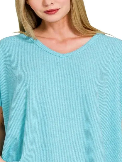 Ribbed V-Neck Short-Sleeve Knit Top — detail view — Livostyle