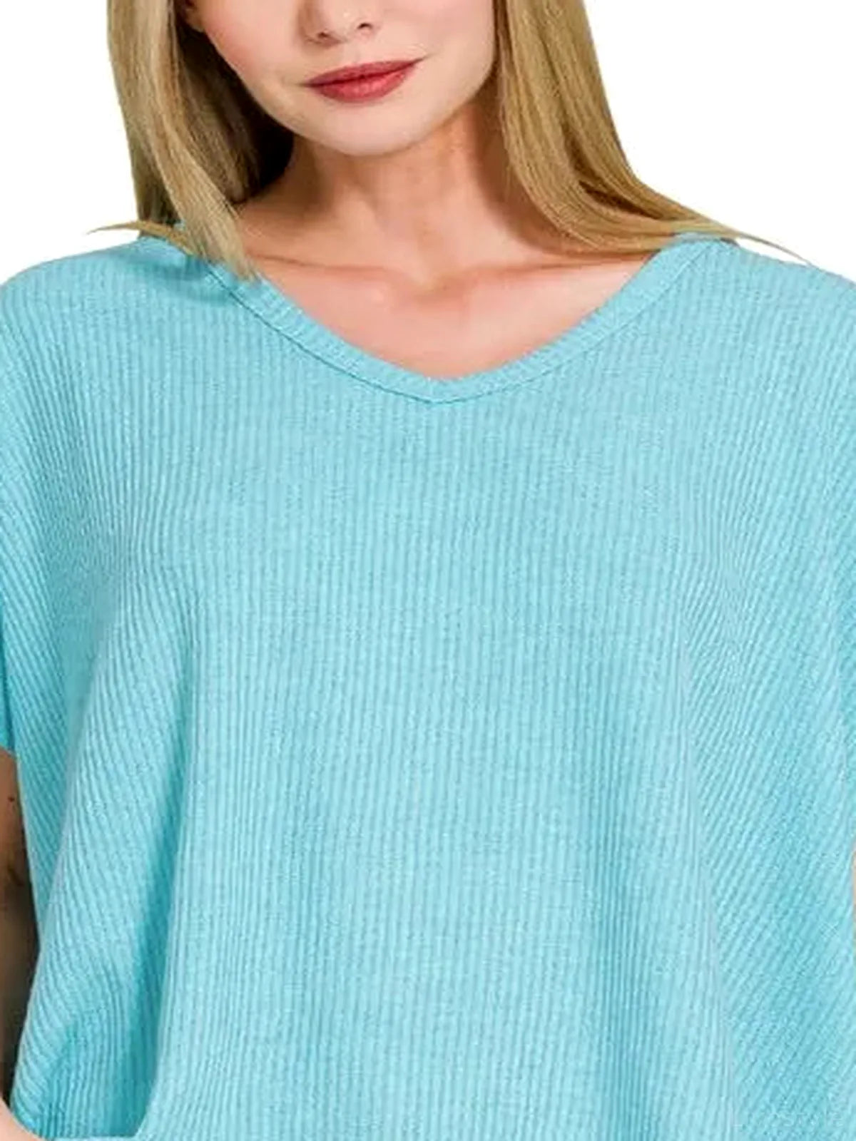 Ribbed V-Neck Short-Sleeve Knit Top — detail view — Livostyle