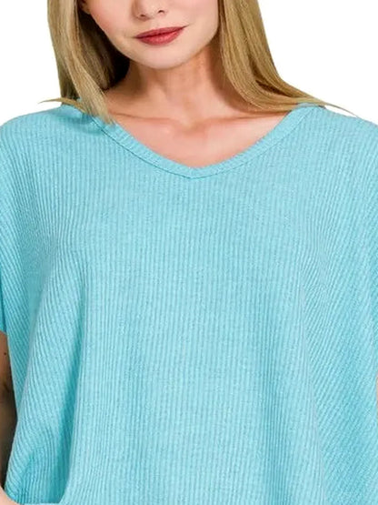 Ribbed V-Neck Short-Sleeve Knit Top — detail view — Livostyle