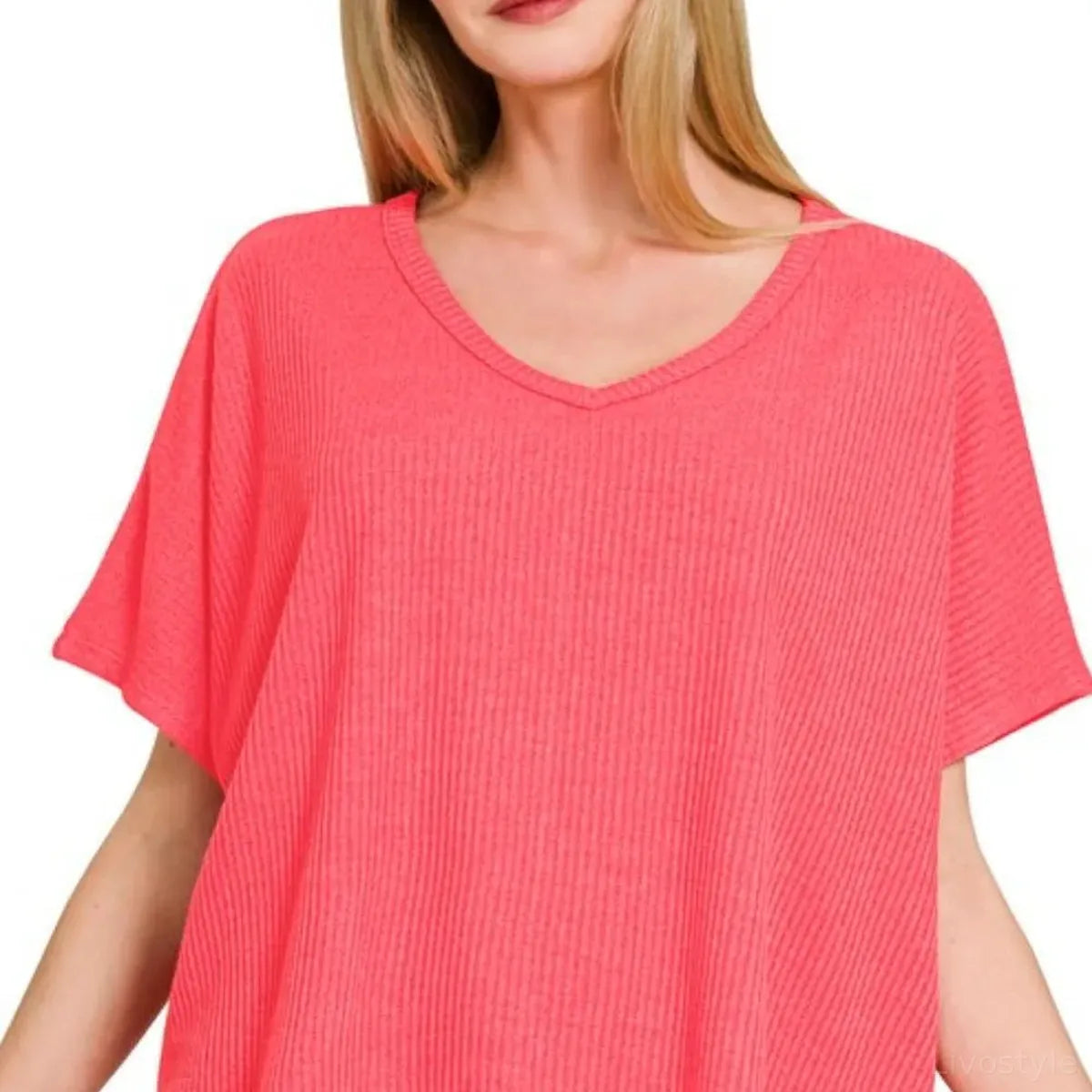 Ribbed V-Neck Short-Sleeve Knit Top in Coral — square view — Livostyle