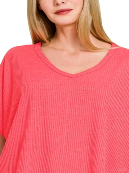 Ribbed V-Neck Short-Sleeve Knit Top in Coral — detail view — Livostyle