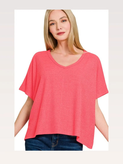 Ribbed V-Neck Short-Sleeve Knit Top in Coral — styled showcase — Livostyle
