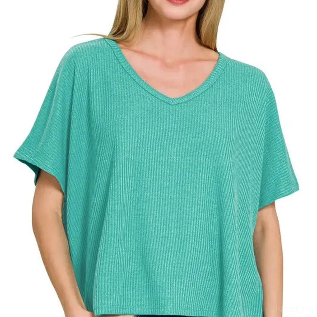 Ribbed V-Neck Short-Sleeve Knit Top in Lt Teal — square view — Livostyle