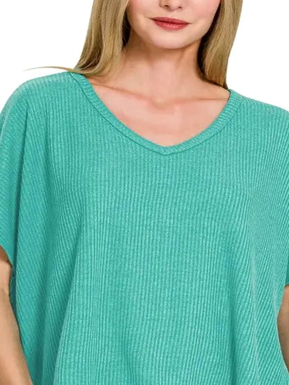 Ribbed V-Neck Short-Sleeve Knit Top in Lt Teal — detail view — Livostyle