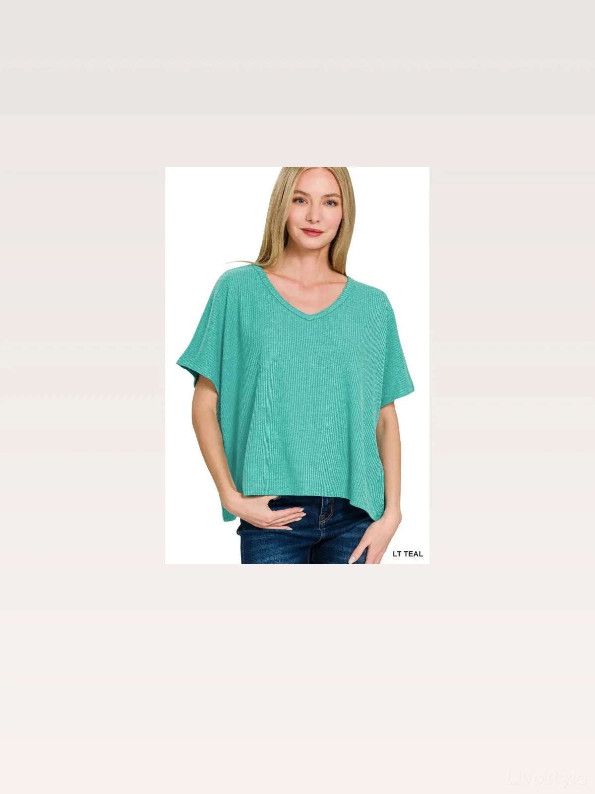 Ribbed V-Neck Short-Sleeve Knit Top in Lt Teal — styled showcase — Livostyle