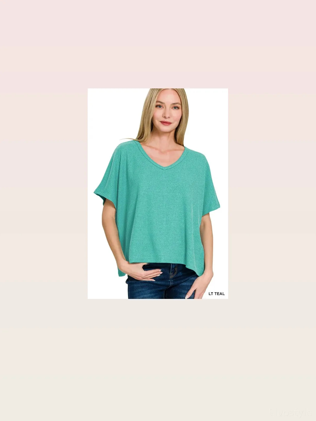 Ribbed V-Neck Short-Sleeve Knit Top in Lt Teal — styled showcase — Livostyle