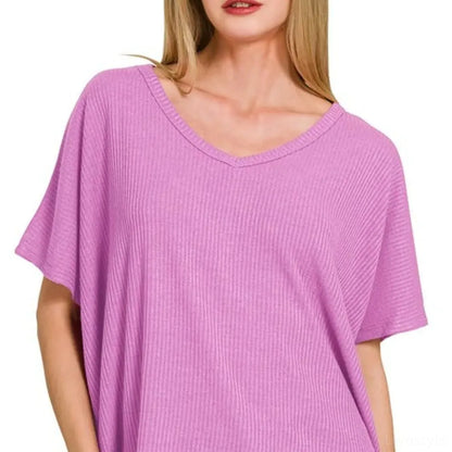 Ribbed V-Neck Short-Sleeve Knit Top — square view — Livostyle