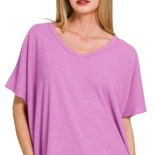 Ribbed V-Neck Short-Sleeve Knit Top — square view — Livostyle