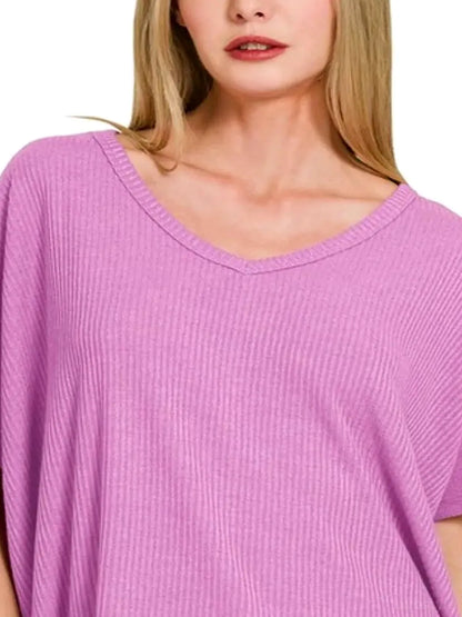 Ribbed V-Neck Short-Sleeve Knit Top — detail view — Livostyle