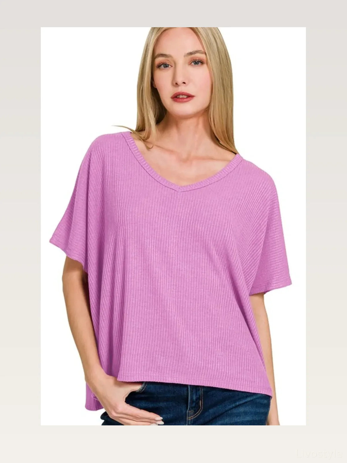 Ribbed V-Neck Short-Sleeve Knit Top — styled showcase — Livostyle