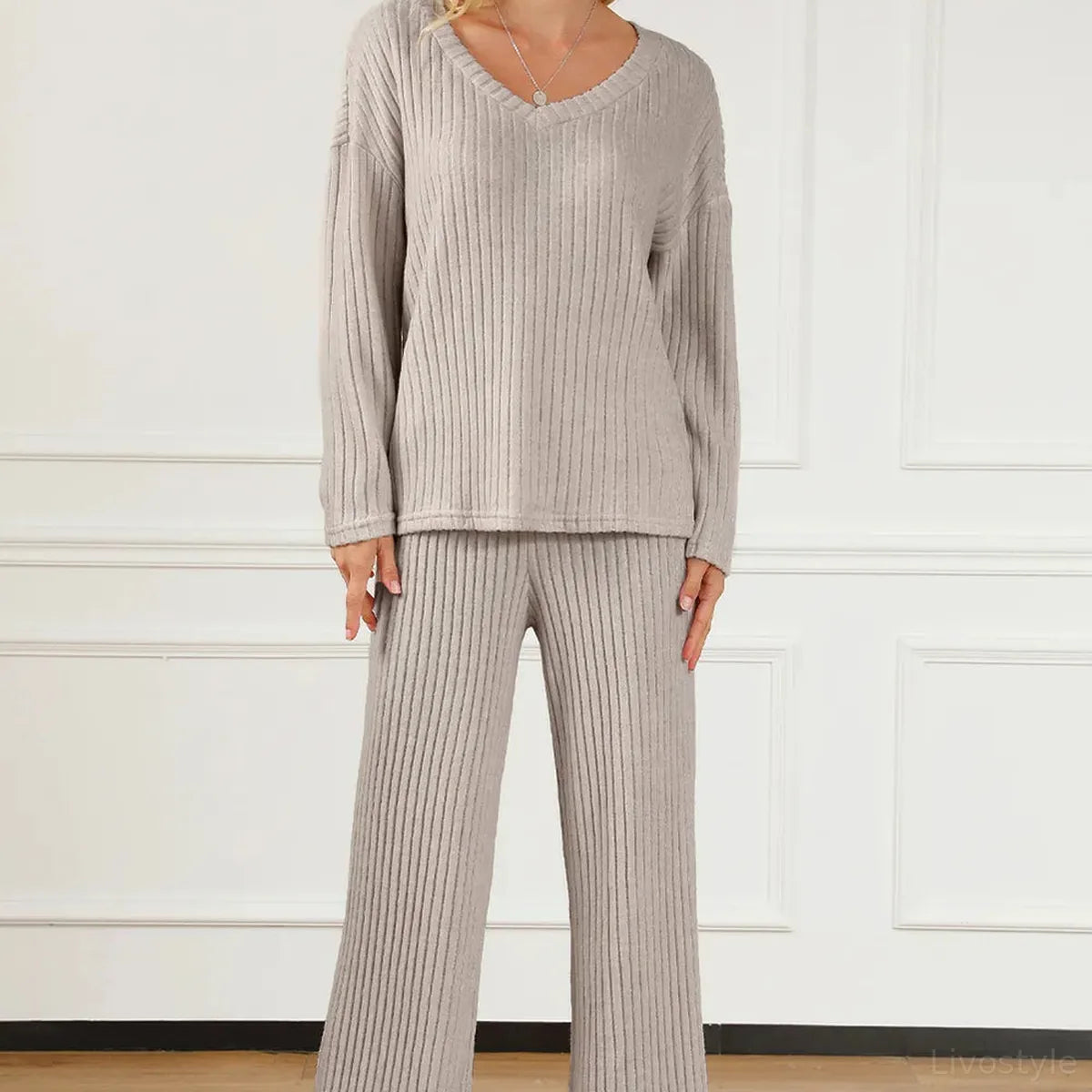 Ribbed V-Neck Top and Pants Lounge Set — square view — Livostyle